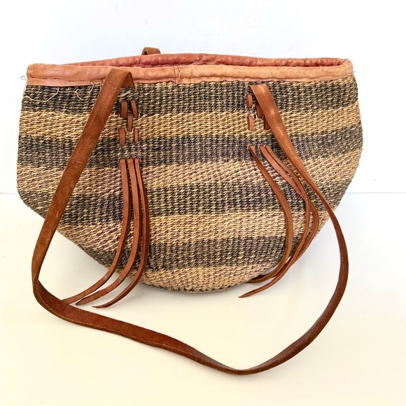 Vintage Woven Sisal & Leather Jute Boho Hippie Purse Market Bag Straw - Picture 1 of 6